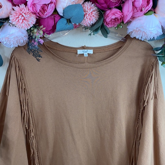 •easel• Tan {100% COTTON} Heavyweight long-sleeved Shirt w/ Front Fringe Detail - Picture 2 of 13